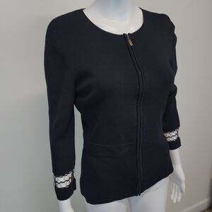Vintage Kenar Brass Ring Sleeve Sweater Size M Black Stretch Knit Zip Up Evening